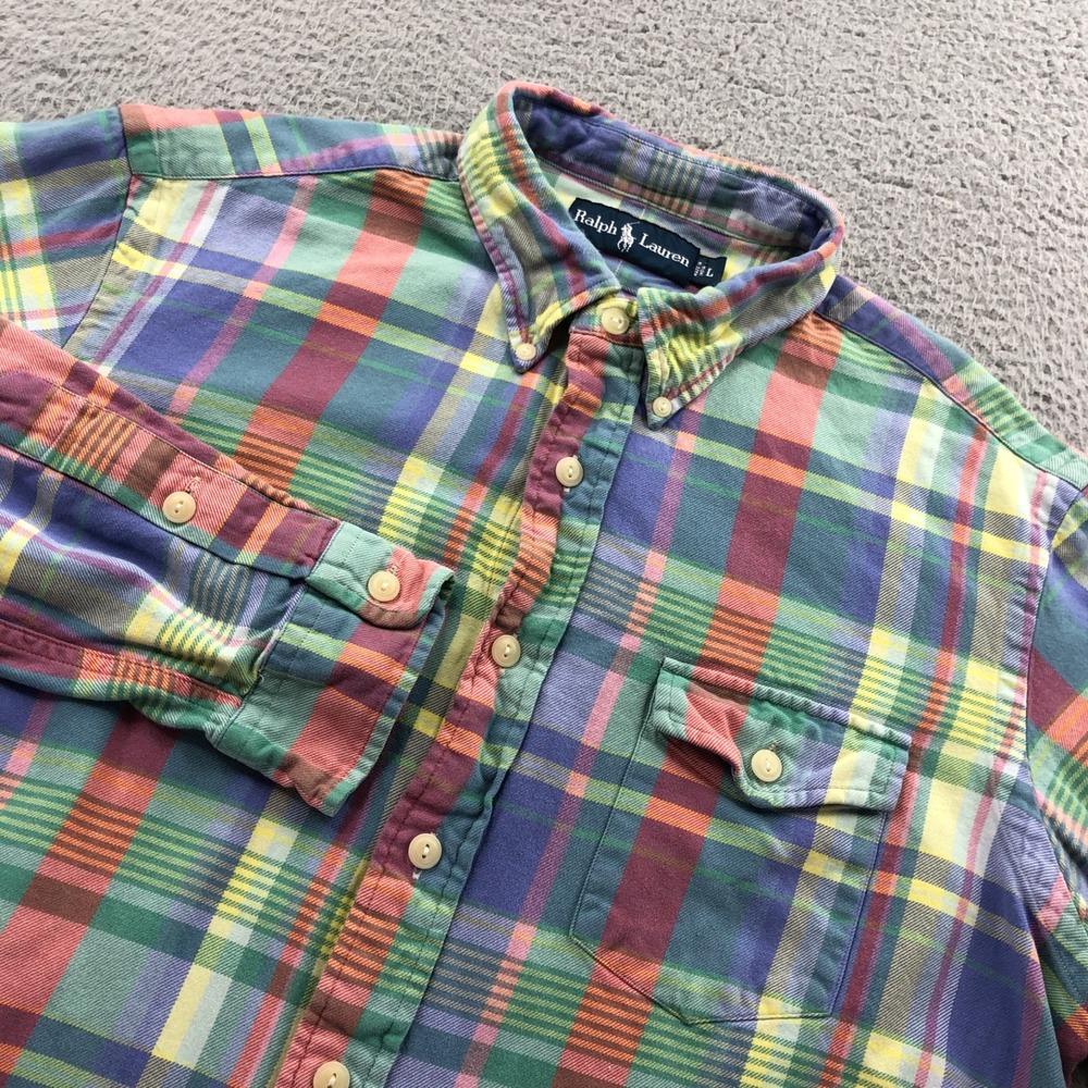 Polo Ralph Lauren Shirt Mens Large Blue Green Plaid Pastel Heavy Cotton Pocket